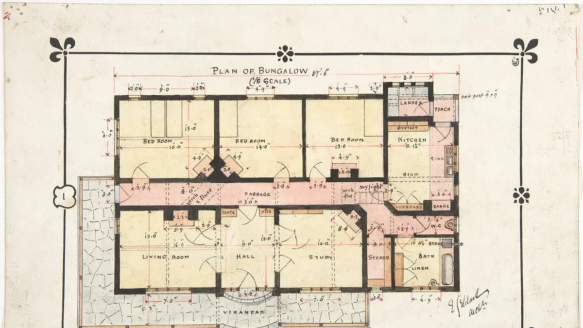 Plan d’architecte d’une maison de plain-pied dessiné à la main, avec cotes et légende